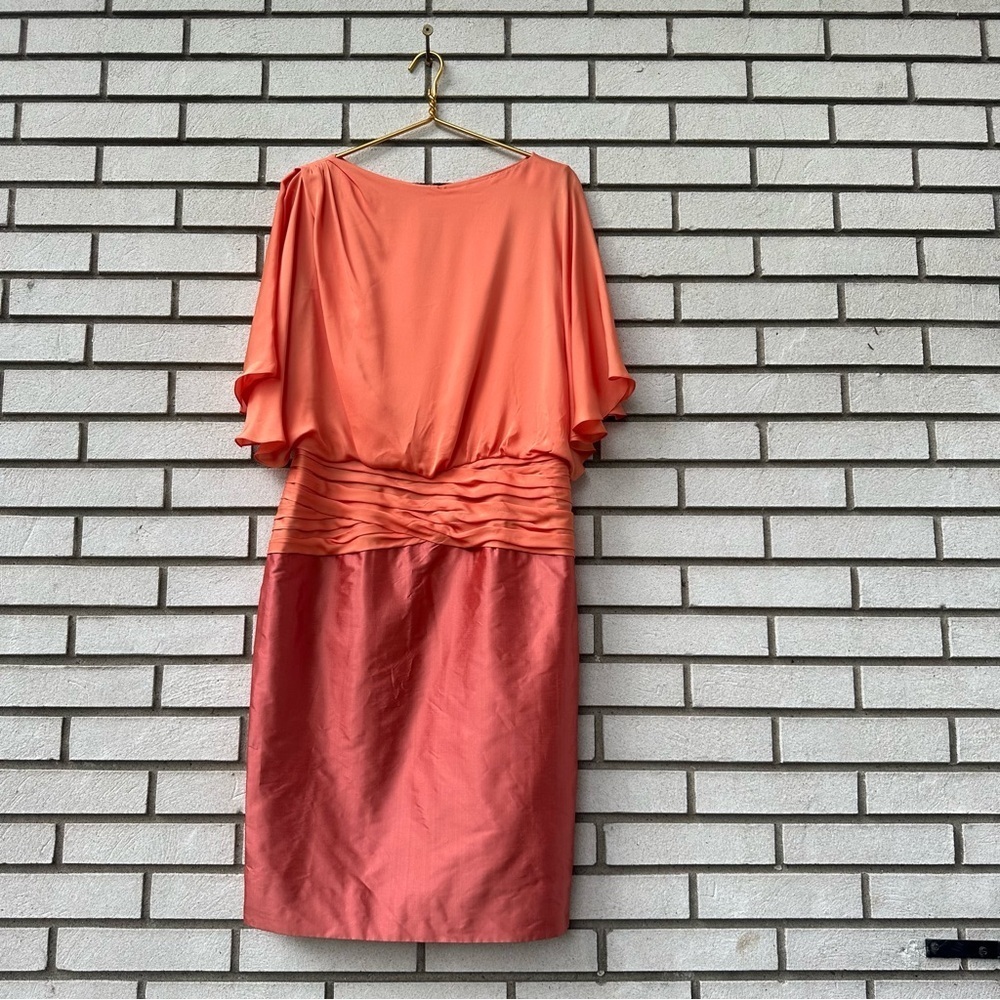 Marisa Baratelli Coral Two-Tone 100% Thai Silk Dress Size 10 Flutter Sleeve